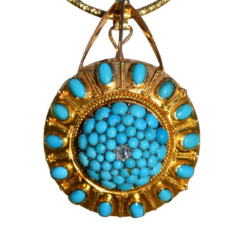 SOLD - Ladies Antique 18K Gold Pendant set with Natural Turquoise and Old Mine Cut Diamond
