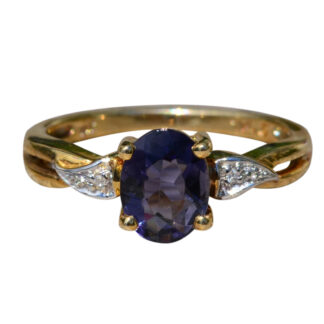 The Madreselva:  Ladies Yellow Gold Cocktail Ring set with Iolite and Diamonds