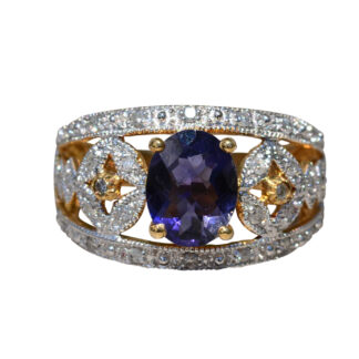 The Maravilla:  Ladies Yellow Gold Cocktail Ring set with Checkerboard Cut Iolite and Diamonds