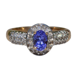 The Regadera:  Ladies Tanzanite and Diamond Halo Ring in Yellow Gold
