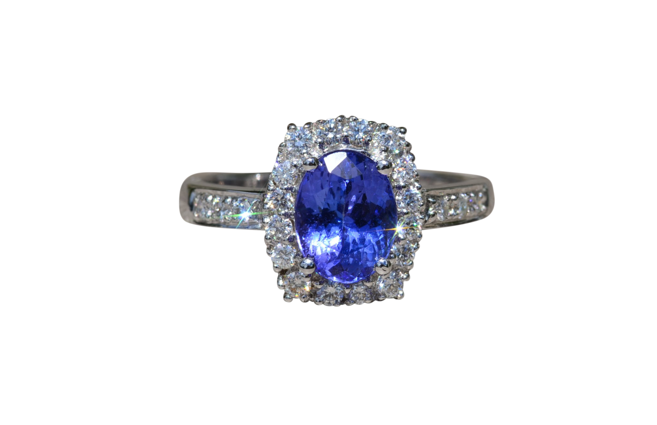 SOLD - The Amapola: Ladies 18K White Gold Tanzanite and Diamond Halo Engagement Ring