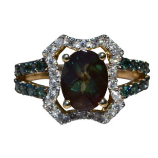 SOLD:The Thimbleberry:  Ladies 14K Gold Ring set with 1.40 CT Oregon Labradorite and Blue and White Side Diamonds