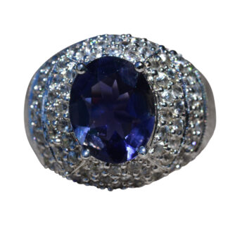 The Mahonia:  Ladies White Gold Cocktail Ring set with 4.37 CT Iolite Center and White Zircon