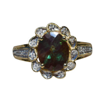 The Aronia:  Ladies 14K Gold Cocktail Ring set with 1.75 CT Labradorite and Diamond Halo