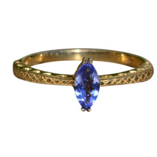 The Bluet:  Ladies Engagement Style Ring in Yellow Gold set with Navette Shaped Tanzanite