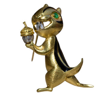 The Ardilla:  Estate 18K Yellow Gold Squirrel Brooch set with Emerald and Diamonds