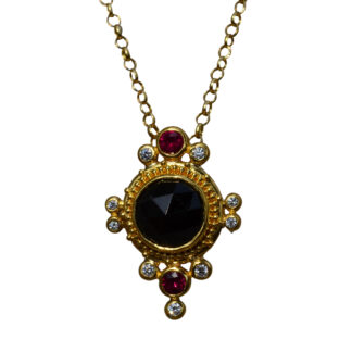 SOLD: The Enya: Vintage 18K Signed Zolotas Necklace set with Onyx, Ruby and Diamonds