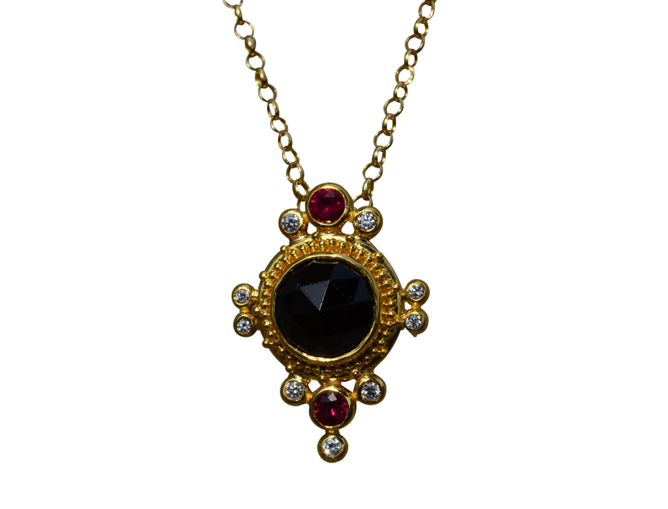 SOLD: The Enya: Vintage 18K Signed Zolotas Necklace set with Onyx, Ruby and Diamonds