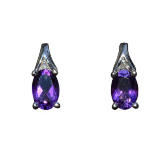 The Avivas:  Ladies White Gold Stud Earrings set with Amethyst and Diamond Side Stones