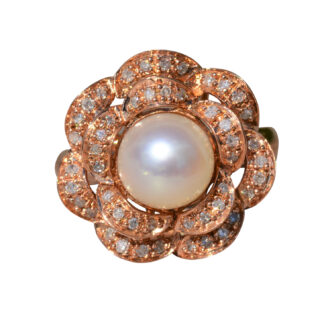 SOLD - The Perola:  Ladies Contemporary 14K Rose Gold Cocktail Ring set with 8.2MM Pearl and Diamonds