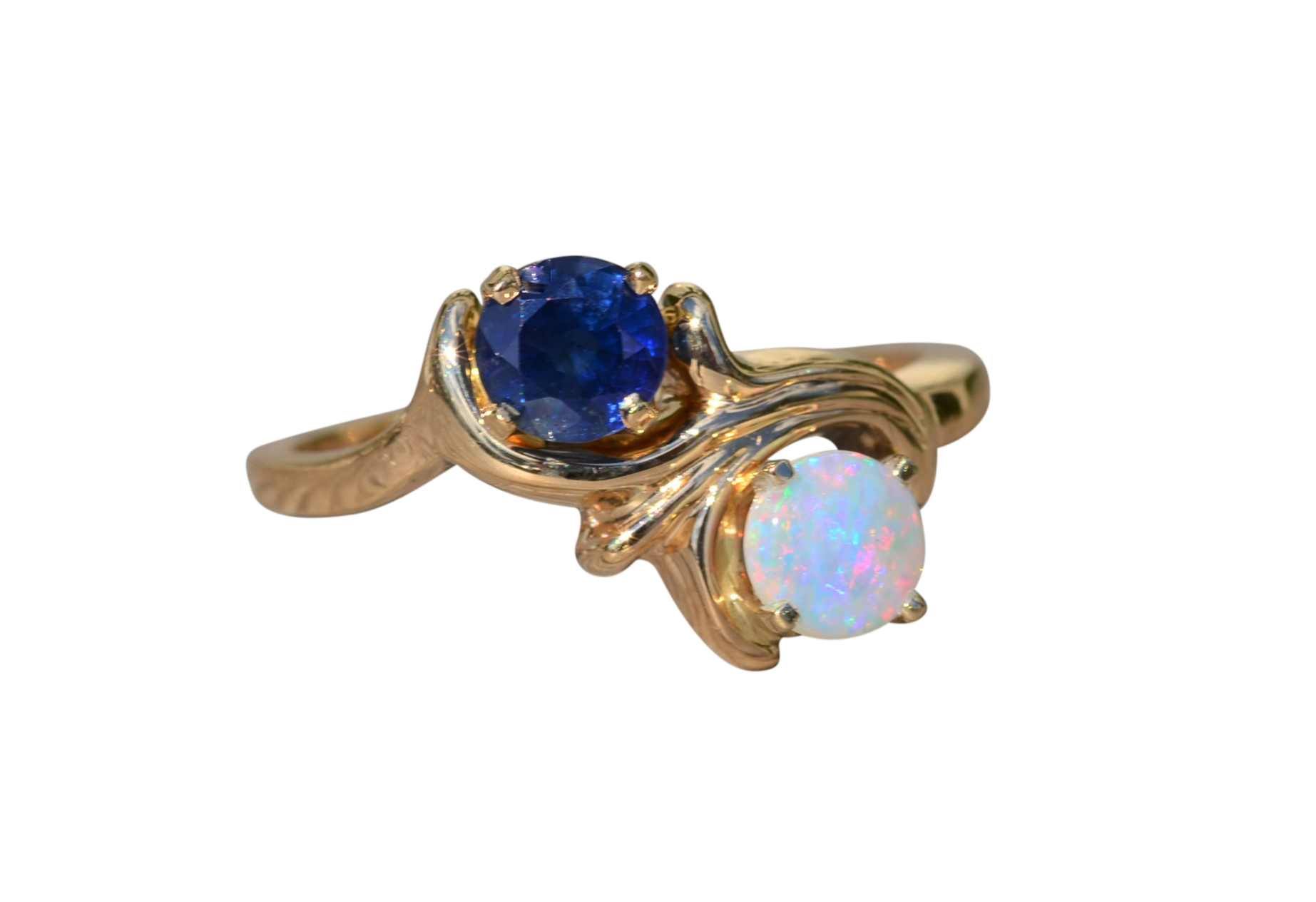 SOLD: The Journee: Ladies Toi et Moi Ring in 14K Gold set with Sapphire and Opal
