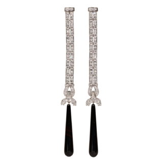 The Mirada:  Ladies Outstanding Antique Platinum Dangler Earrings Set With Diamonds and Onyx