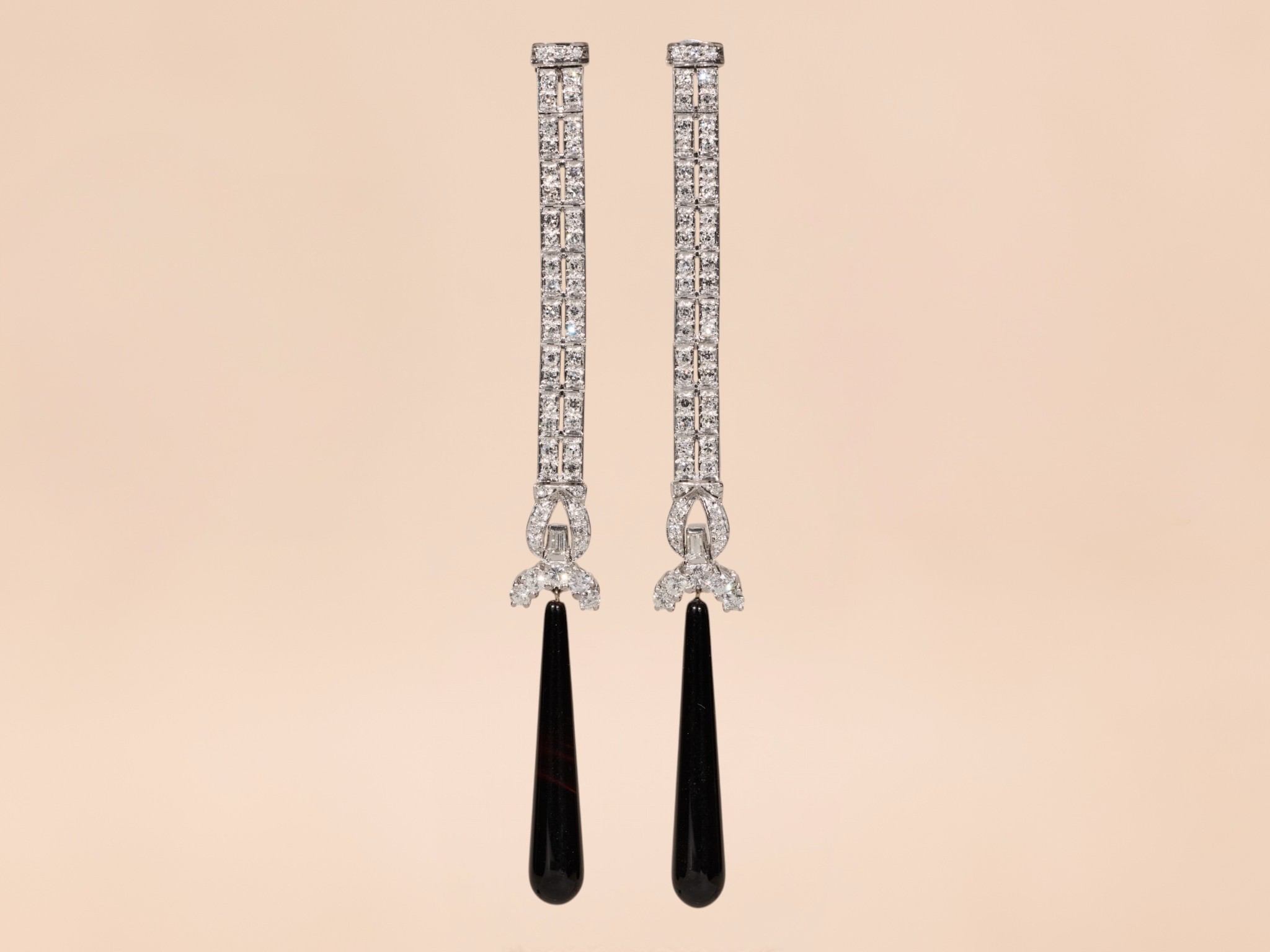 The Mirada: Ladies Outstanding Antique Platinum Dangler Earrings Set With Diamonds and Onyx - Image 2