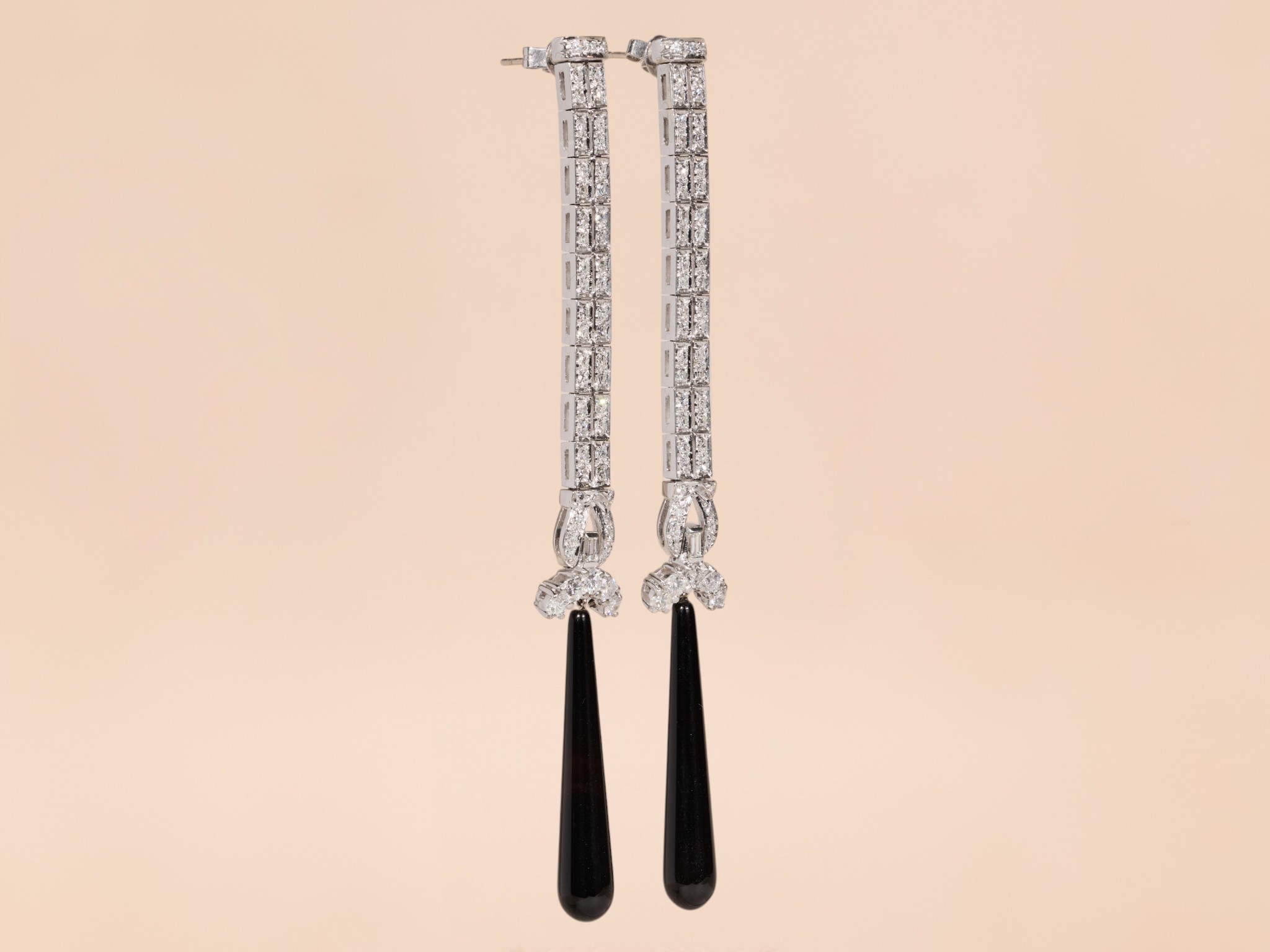 The Mirada: Ladies Outstanding Antique Platinum Dangler Earrings Set With Diamonds and Onyx - Image 4
