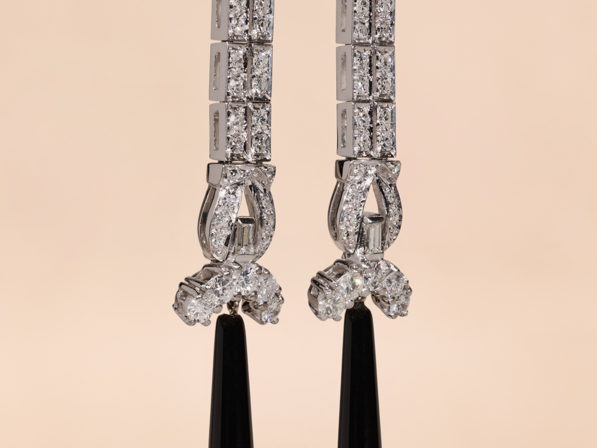 The Mirada: Ladies Outstanding Antique Platinum Dangler Earrings Set With Diamonds and Onyx - Image 6