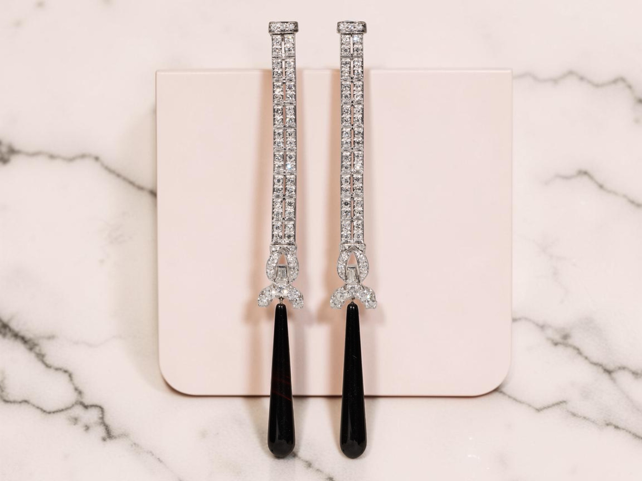 The Mirada: Ladies Outstanding Antique Platinum Dangler Earrings Set With Diamonds and Onyx - Image 9