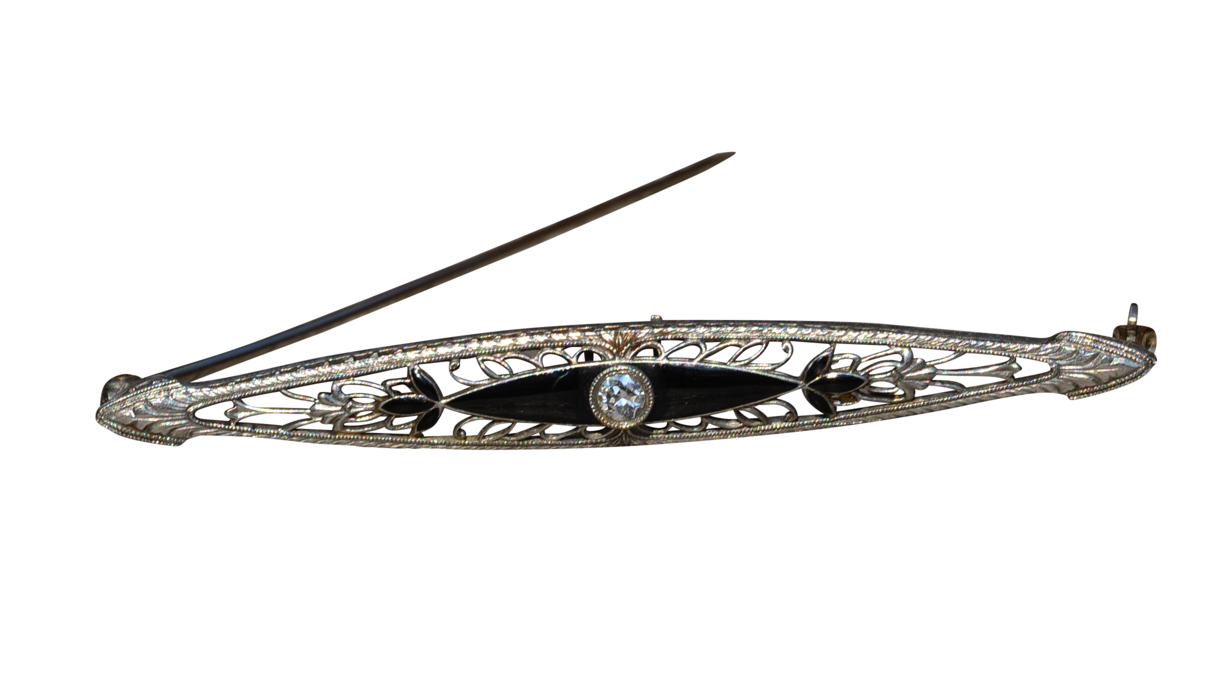 The Calabasas: Antique Art Deco Pin With Old Cut Diamond and Black Enamel
