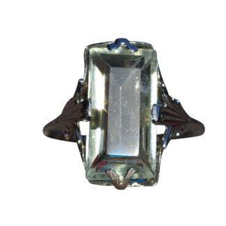 The Pleasanton: Antique Filigree Ring set with Elongate Emerald Cut Praisiolite