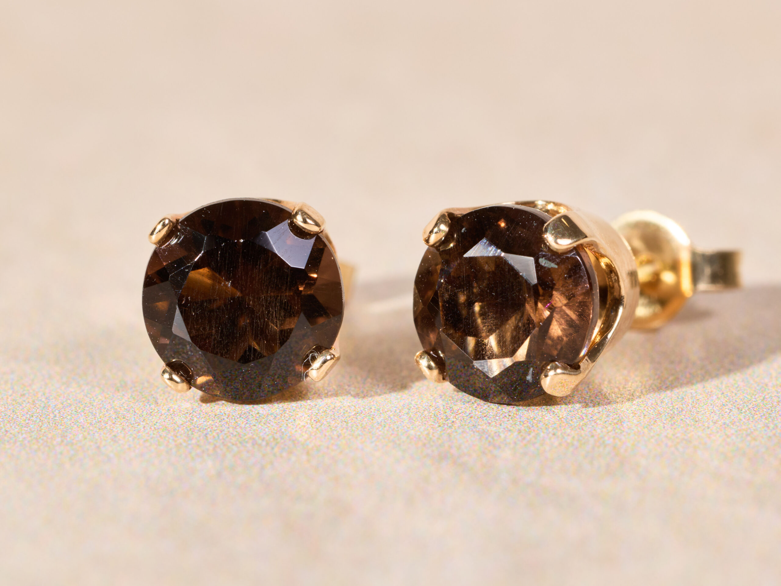 The Fairbanks Ranch: 14K Gold Smokey Quartz Stud Earrings - Image 3