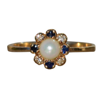 The Beverlywood:  Ladies Yellow Gold Pearl, Diamond and Sapphire Cocktail Ring
