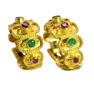 SOLD - The Chollas:  Ladies 18K Greek Earrings set with Ruby and Emerald