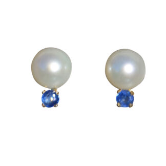 SOLD: The Penges:  14K Yellow Gold Pearl and Sapphire Stud Earrings