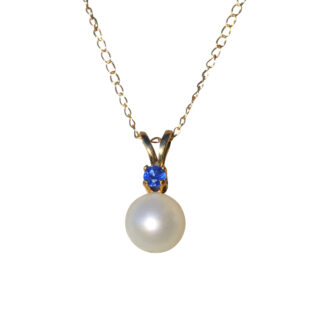 SOLD - Ladies 14K Yellow Gold Pearl Drop Necklace set with Sapphire Accent