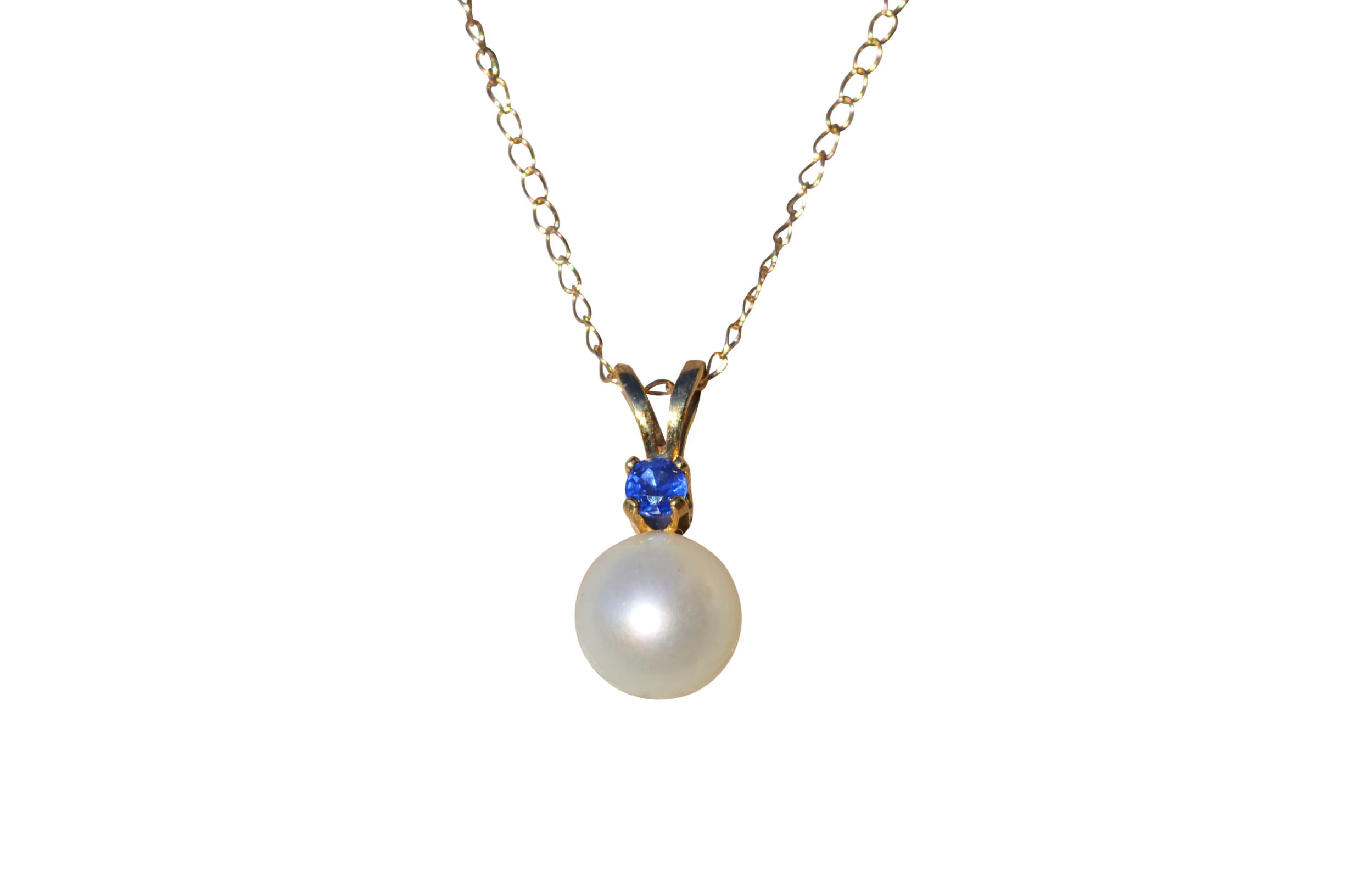 SOLD - Ladies 14K Yellow Gold Pearl Drop Necklace set with Sapphire Accent