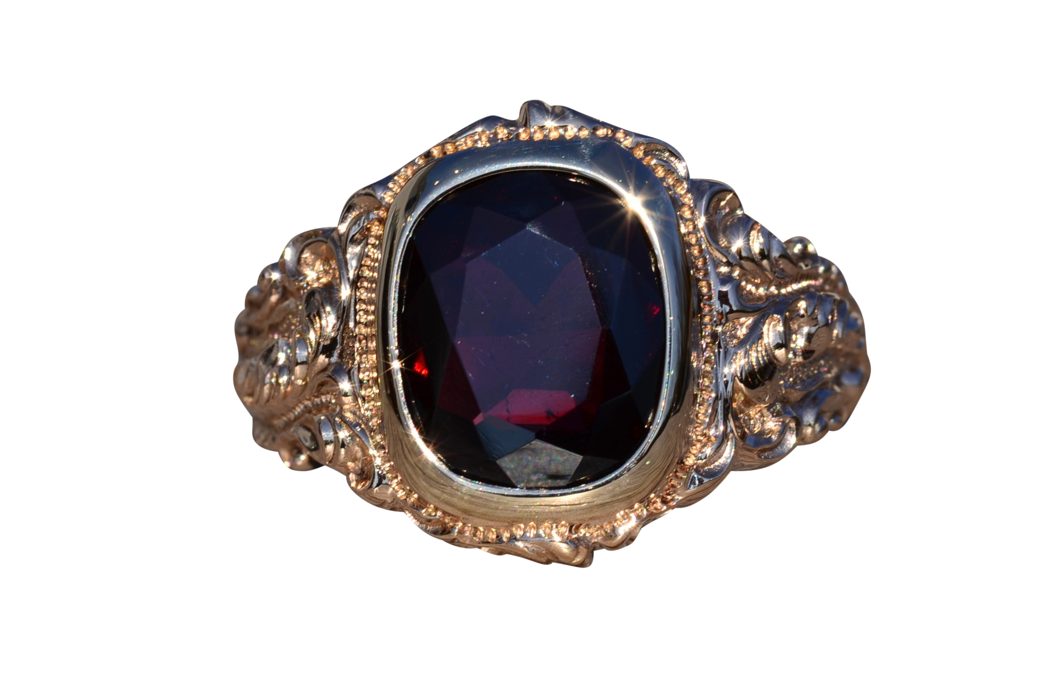 SOLD - The Oxnard: Baroque and Rococo Era Rose Gold Ring with Garnet