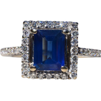 The Bell Mountain: Diffused Emerald Cut Blue Sapphire Engagement Ring and Wedding Set with Custom Band