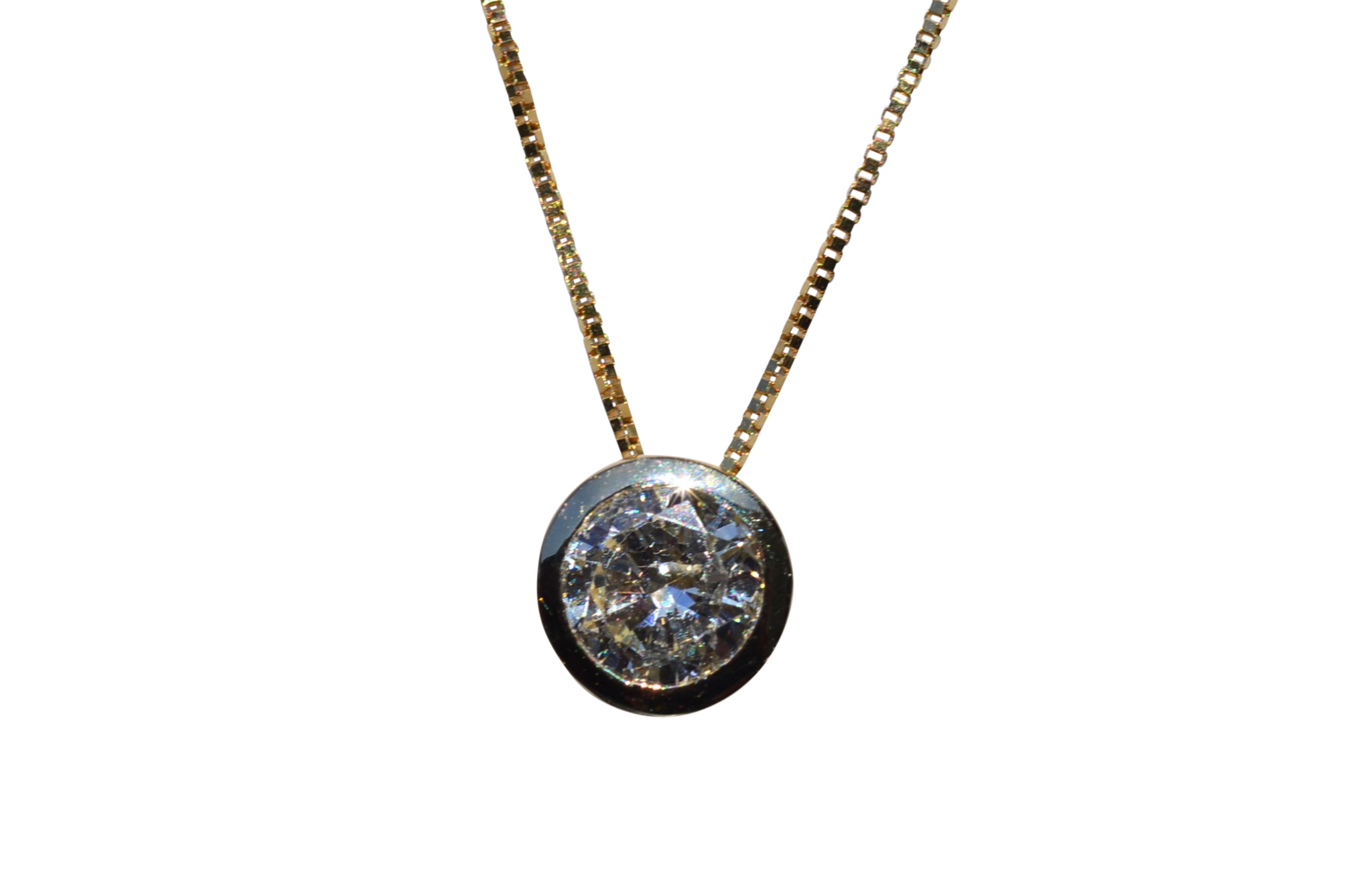 SOLD - The French Camp: Yellow Gold Bezel Set Natural Diamond Solitaire Necklace