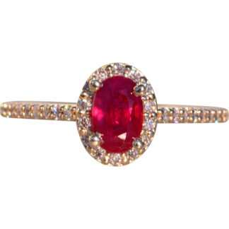 The Fairblue:  Ladies Contemporary Yellow Gold Ruby Engagement Ring with Diamond Halo