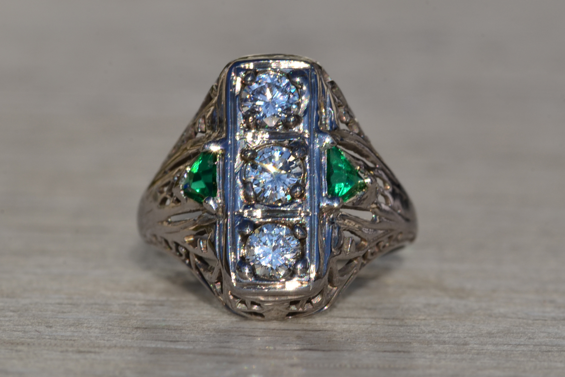 SOLD - The Lovelock: Ladies 18K Art Deco Three Stone Ring set with Diamonds and Emeralds - Image 2
