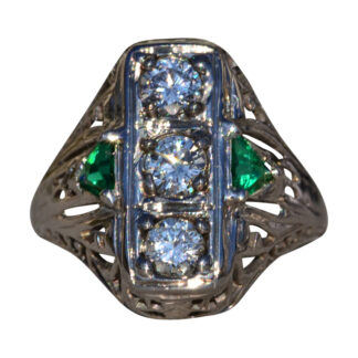 SOLD - The Lovelock:  Ladies 18K Art Deco Three Stone Ring set with Diamonds and Emeralds