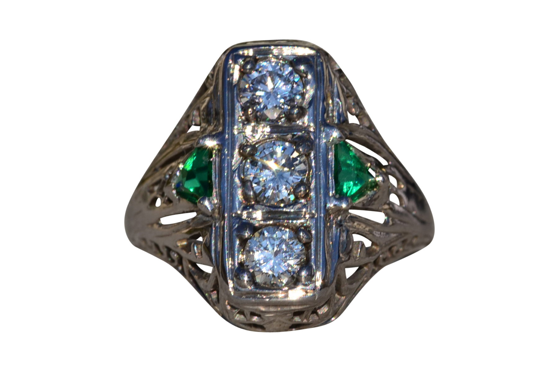 SOLD - The Lovelock: Ladies 18K Art Deco Three Stone Ring set with Diamonds and Emeralds