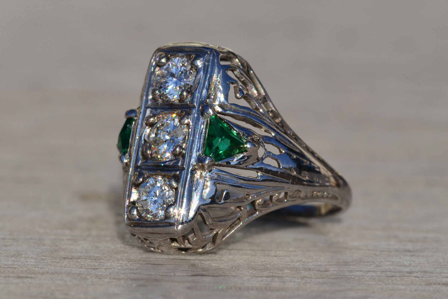 SOLD - The Lovelock: Ladies 18K Art Deco Three Stone Ring set with Diamonds and Emeralds - Image 3