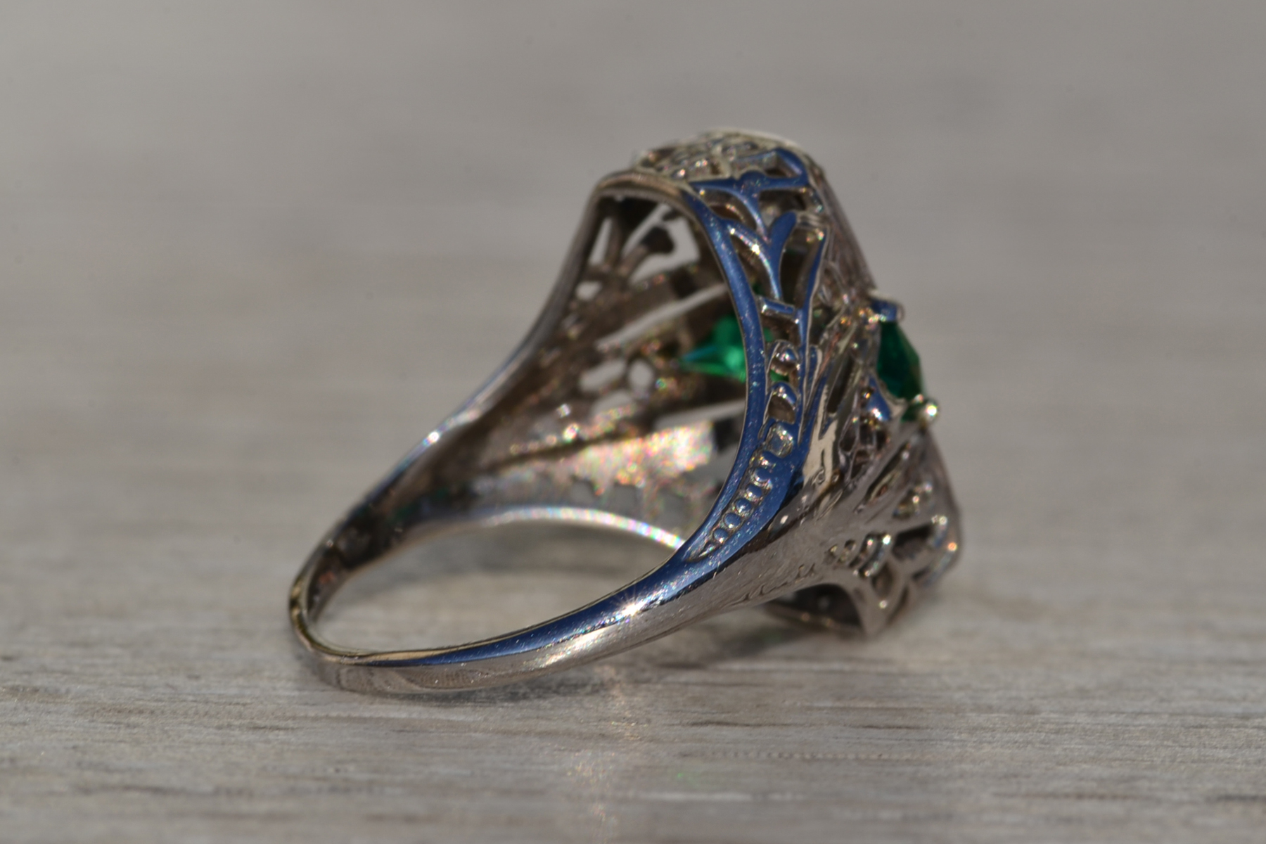 SOLD - The Lovelock: Ladies 18K Art Deco Three Stone Ring set with Diamonds and Emeralds - Image 5