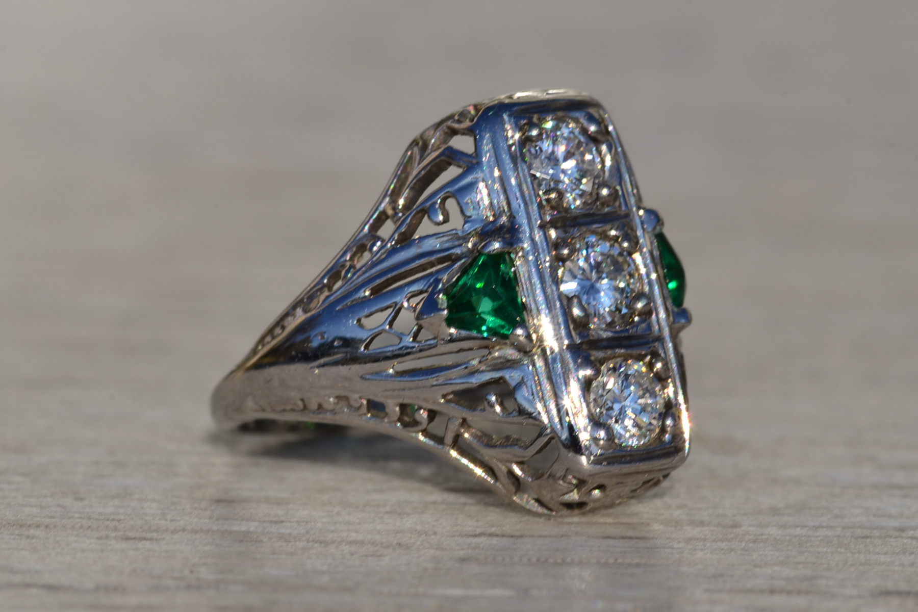 SOLD - The Lovelock: Ladies 18K Art Deco Three Stone Ring set with Diamonds and Emeralds - Image 6