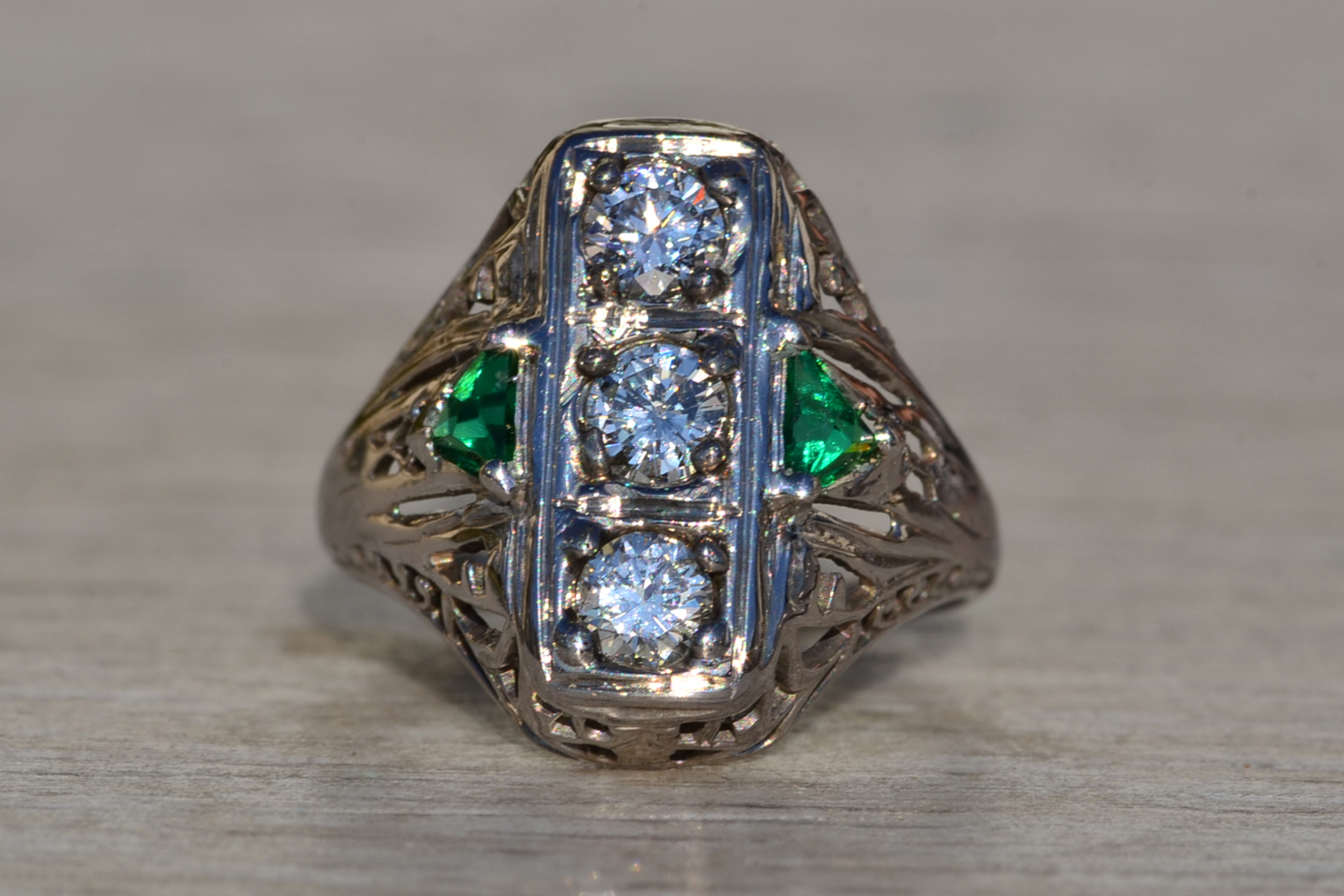SOLD - The Lovelock: Ladies 18K Art Deco Three Stone Ring set with Diamonds and Emeralds - Image 7