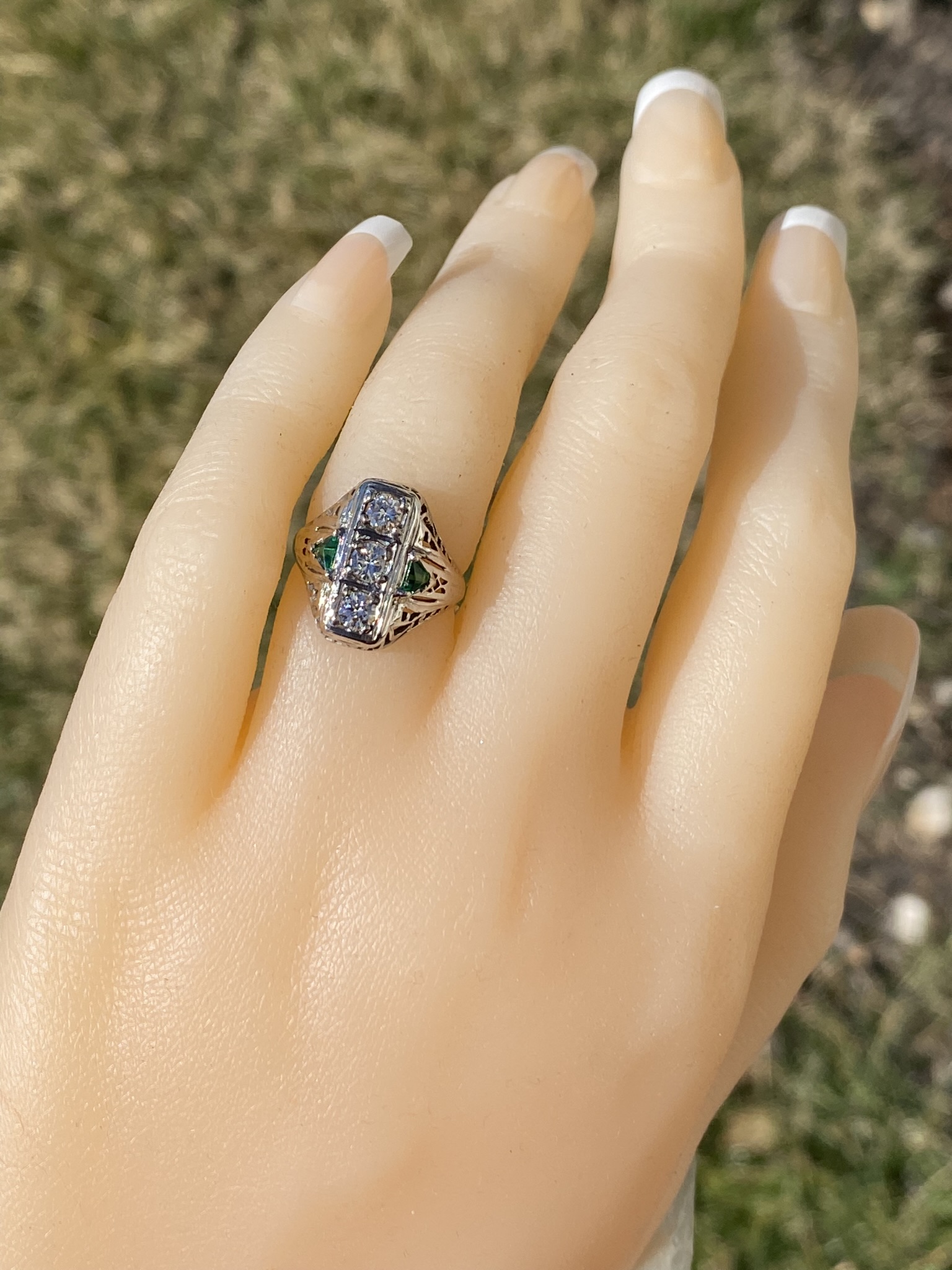 SOLD - The Lovelock: Ladies 18K Art Deco Three Stone Ring set with Diamonds and Emeralds - Image 8