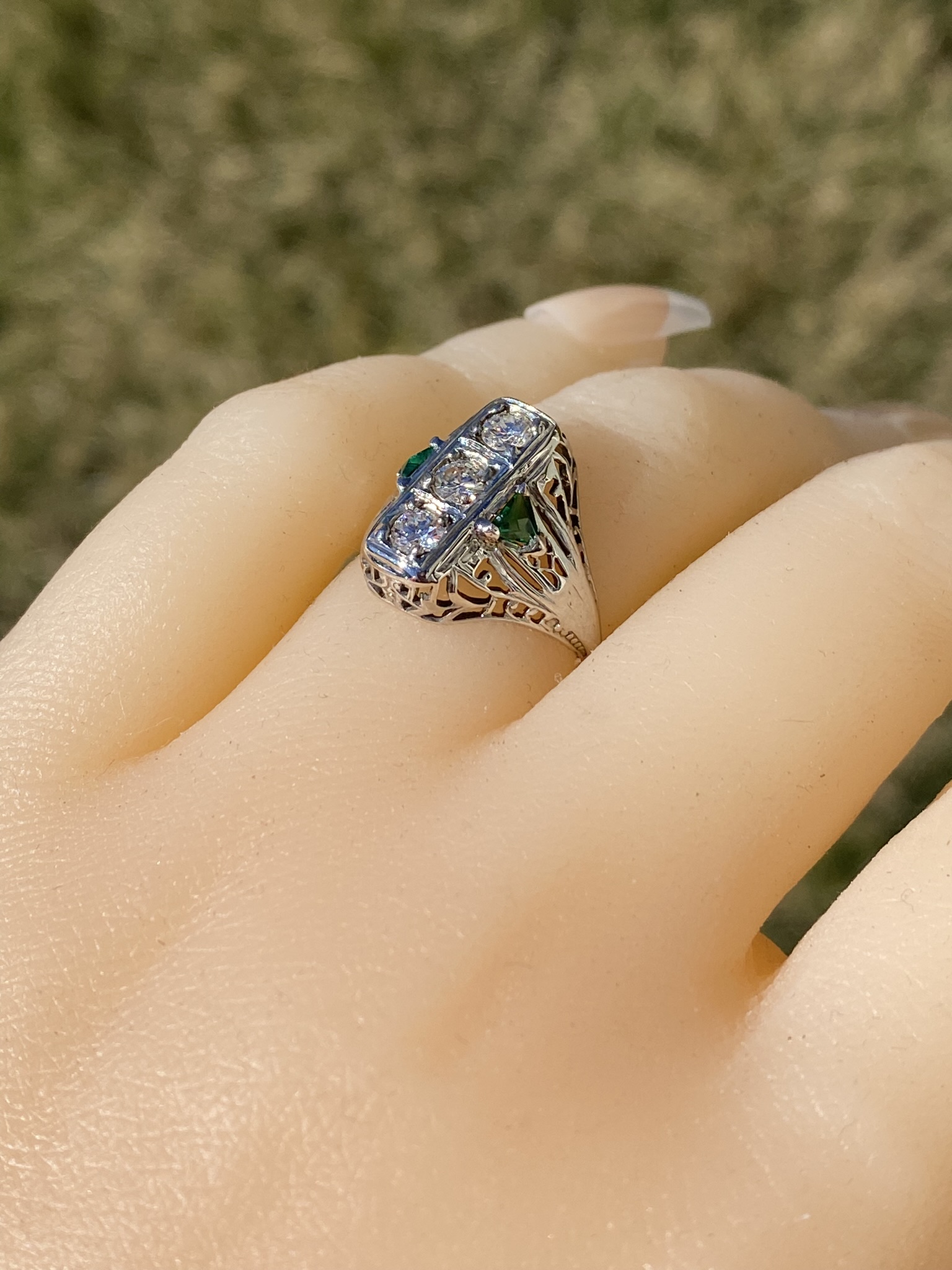 SOLD - The Lovelock: Ladies 18K Art Deco Three Stone Ring set with Diamonds and Emeralds - Image 9