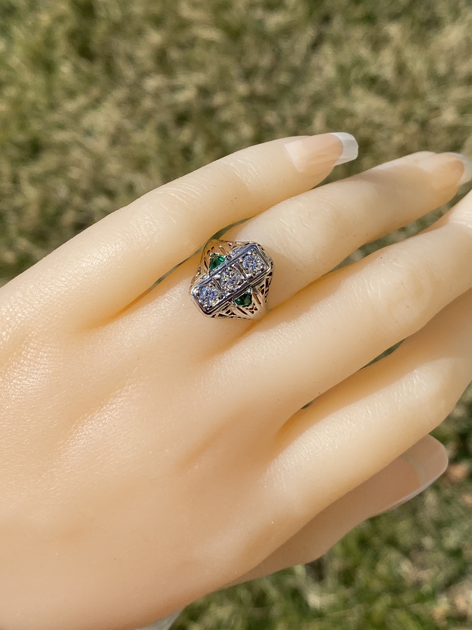 SOLD - The Lovelock: Ladies 18K Art Deco Three Stone Ring set with Diamonds and Emeralds - Image 10