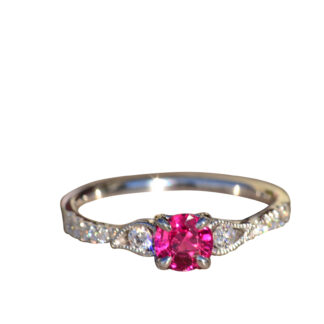 The Polaris:  Ladies Custom Vivid Pink Sapphire and Diamond Engagement Ring in White Gold