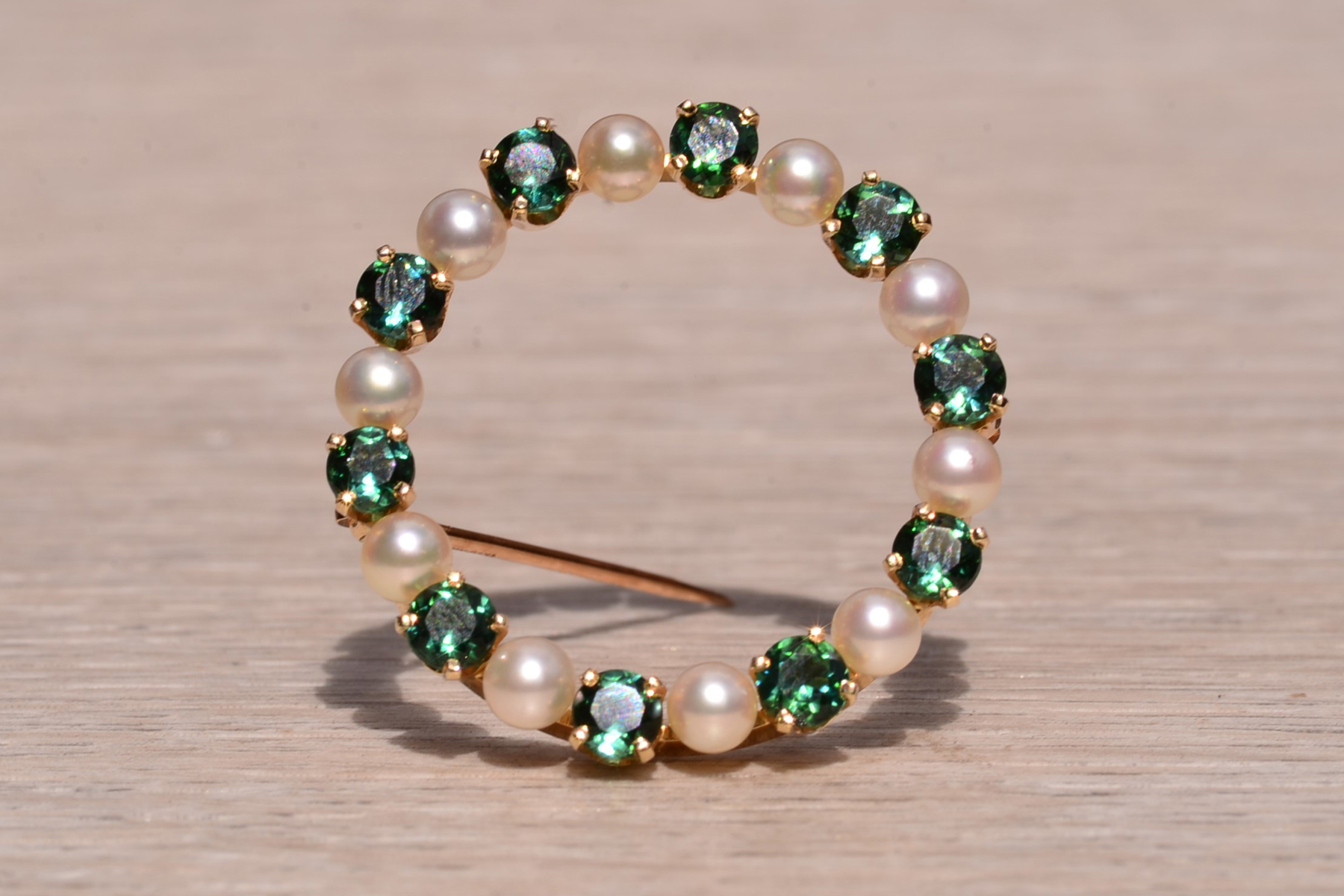 SOLD - The Coralie: Tiffany & Co Signed 14K Tourmaline and Pearl Circle Brooch - Image 2