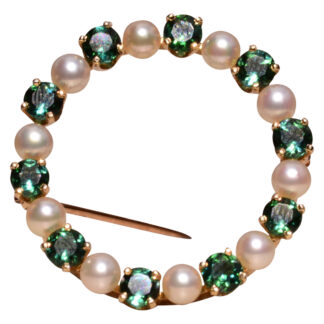 SOLD - The Coralie: Tiffany & Co Signed 14K Tourmaline and Pearl Circle Brooch