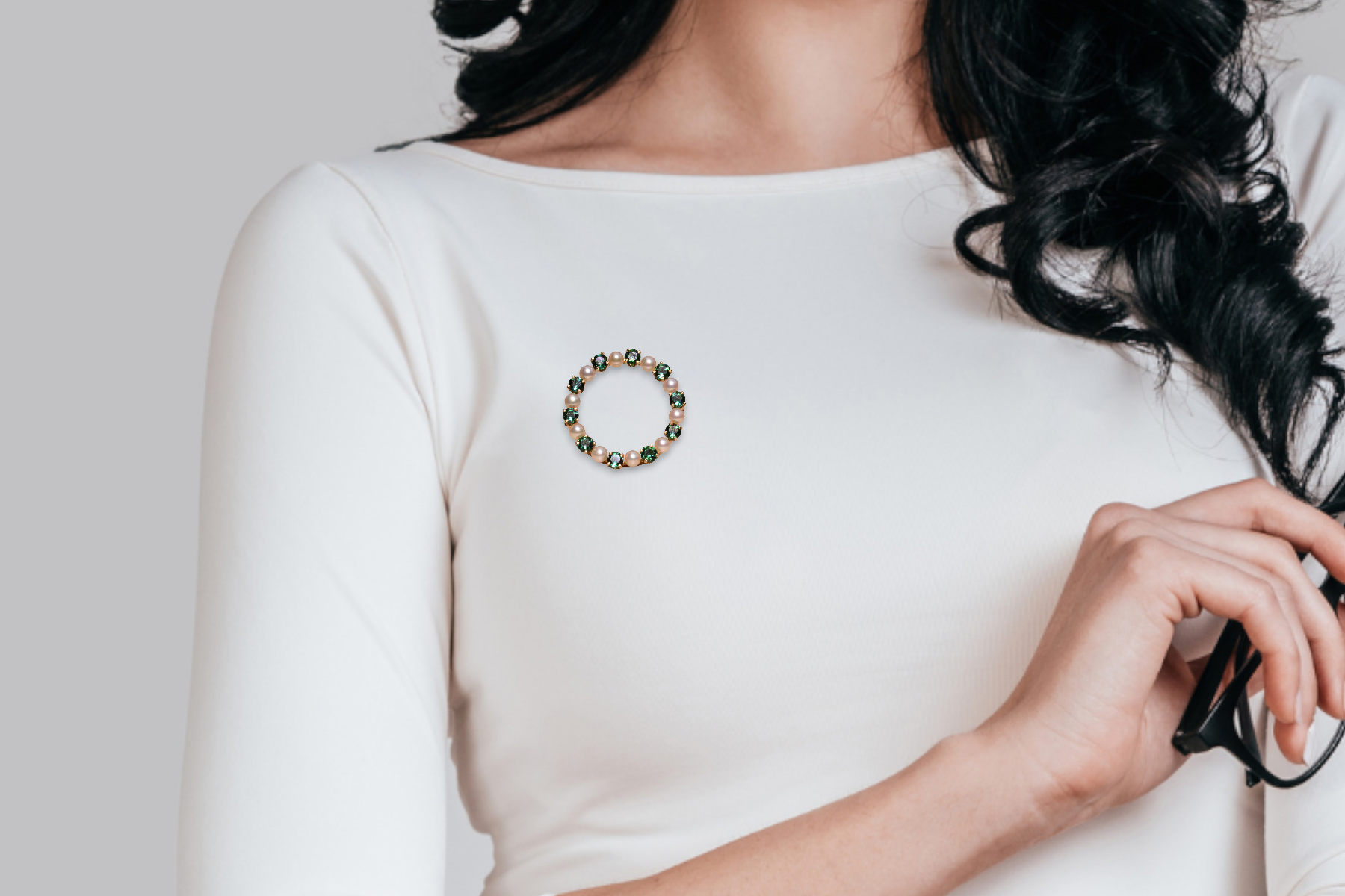 SOLD - The Coralie: Tiffany & Co Signed 14K Tourmaline and Pearl Circle Brooch - Image 5