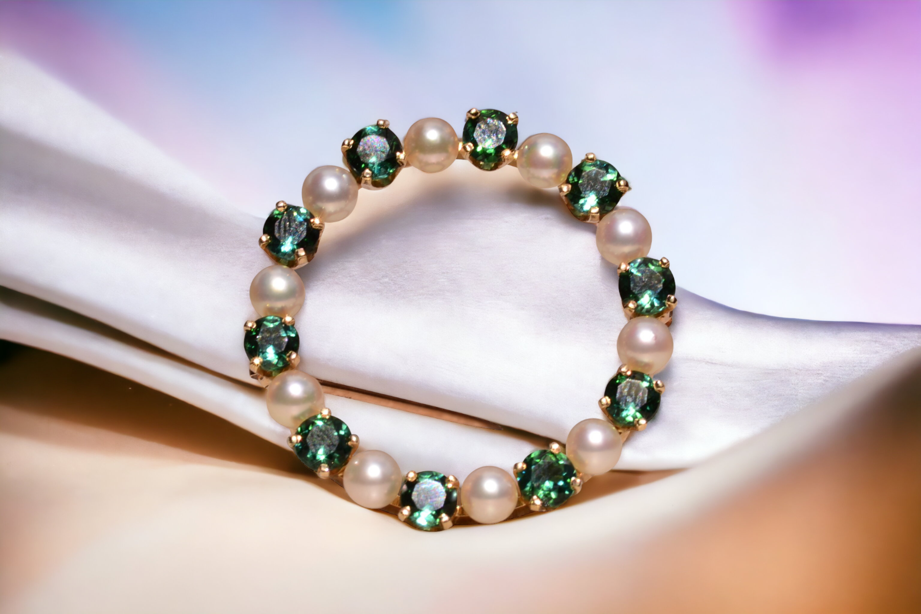 SOLD - The Coralie: Tiffany & Co Signed 14K Tourmaline and Pearl Circle Brooch - Image 4