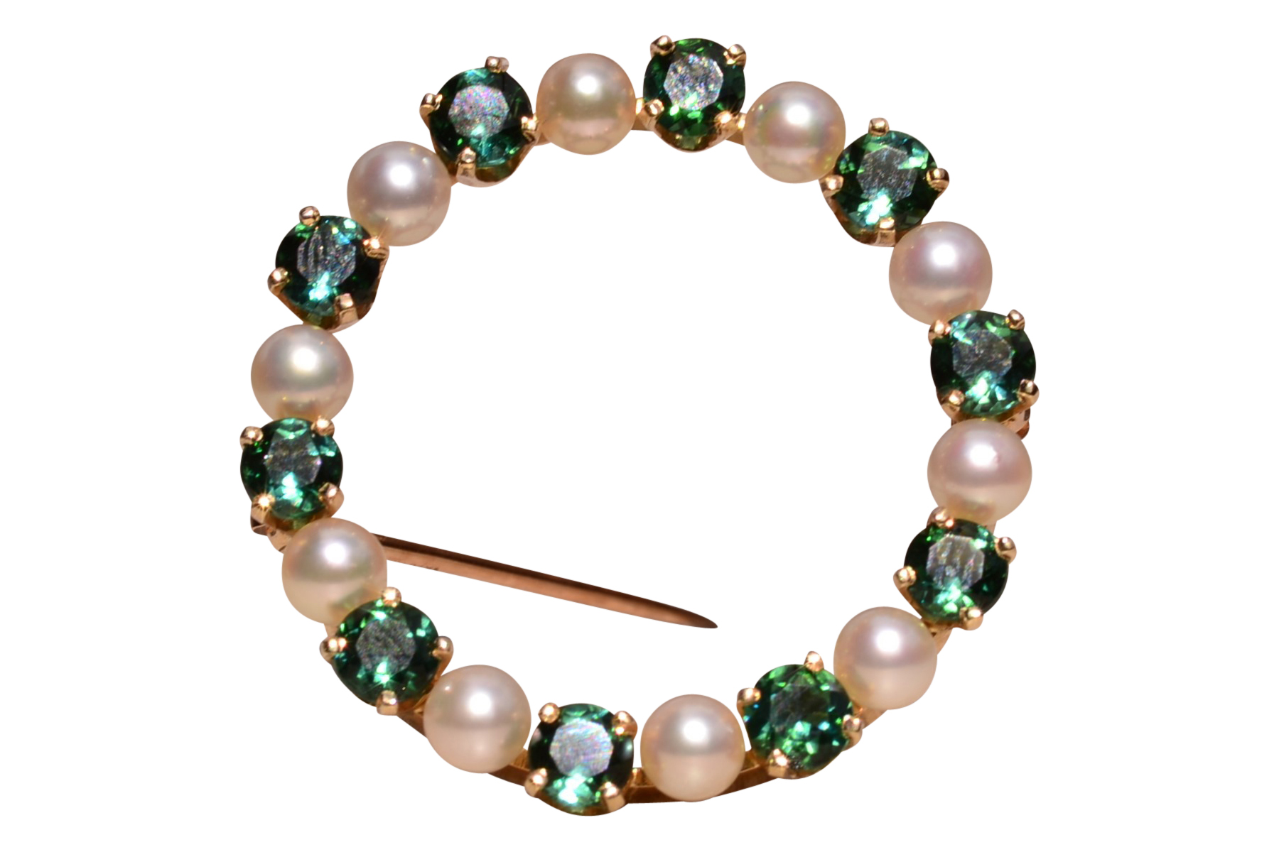SOLD - The Coralie: Tiffany & Co Signed 14K Tourmaline and Pearl Circle Brooch