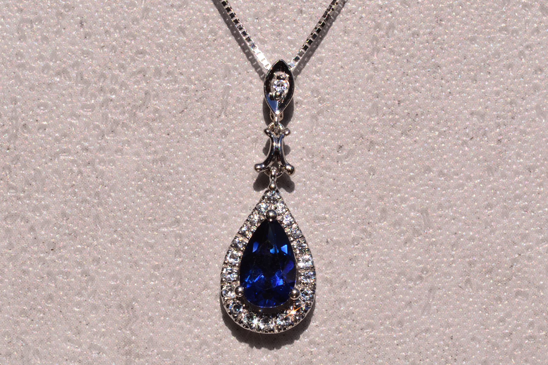 SOLD - The 143rd Street: White and Lab Blue Sapphire Dangler Pendant in White Gold - Image 2