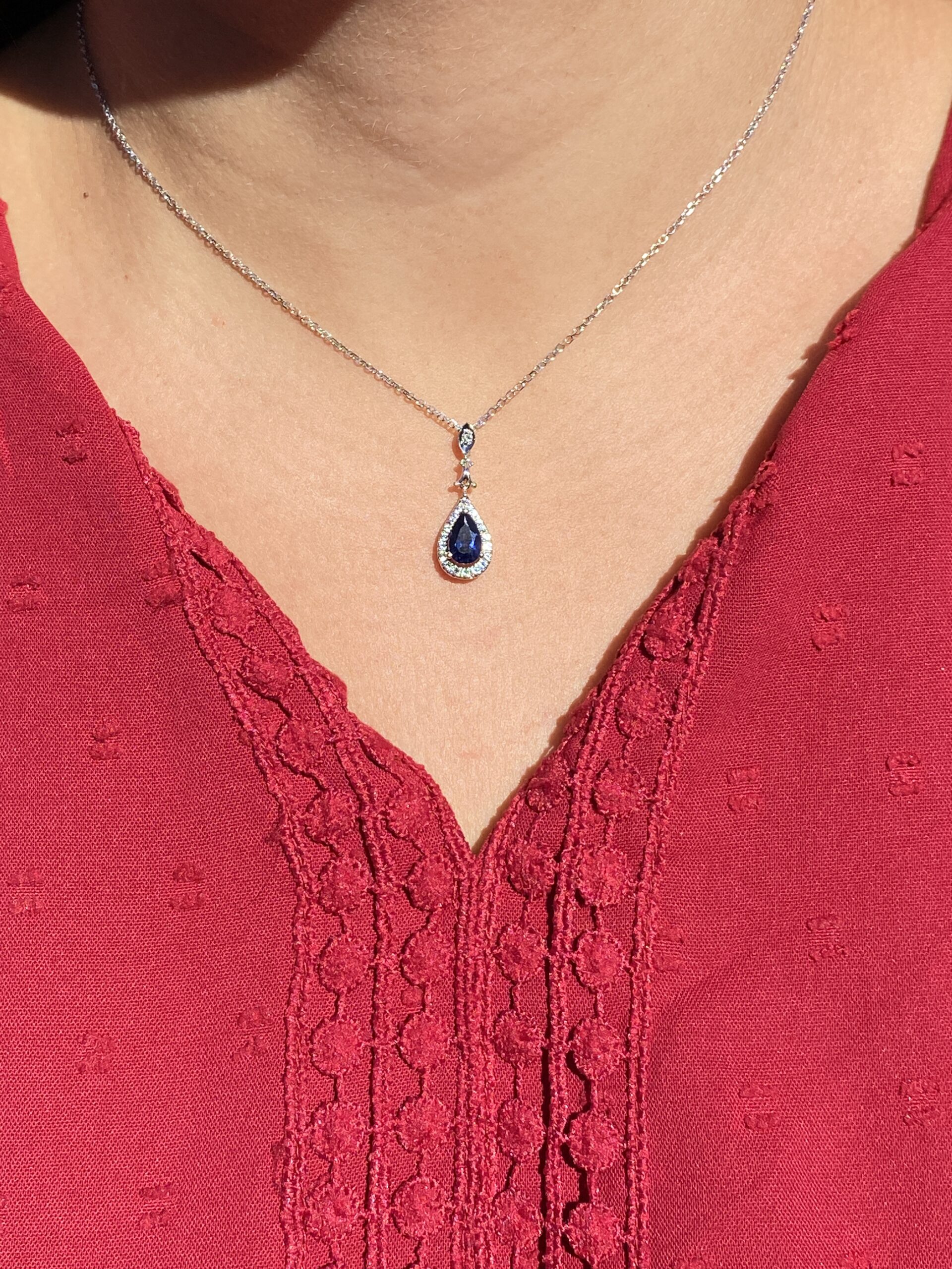 SOLD - The 143rd Street: White and Lab Blue Sapphire Dangler Pendant in White Gold - Image 4